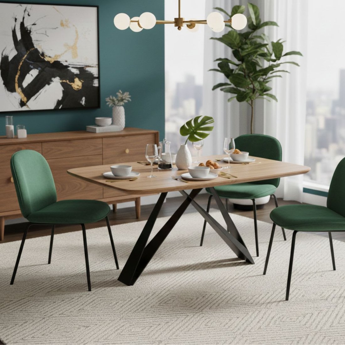 Table plateau acacia et pied métal papillon Mylonis en situation