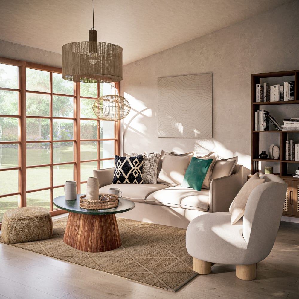 Pouf carré en chanvre tressé Palmera de Maisons du Monde posé dans un salon