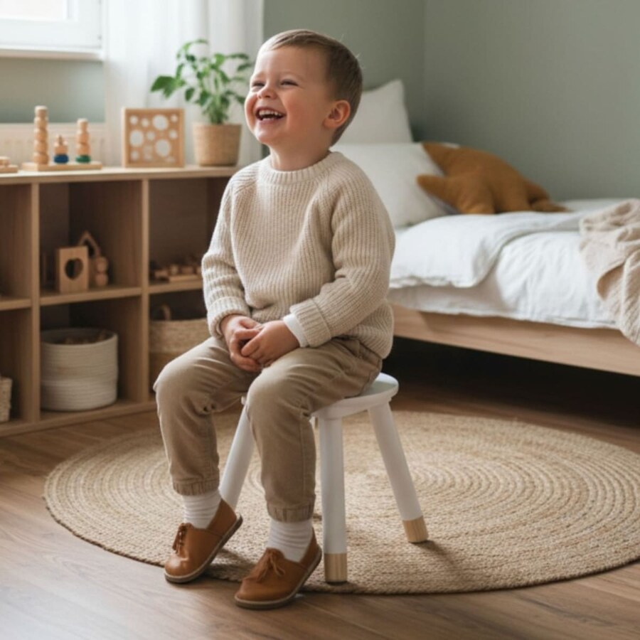 Enfant assis sur le tabouret en bois blanc dans une chambre scandinave