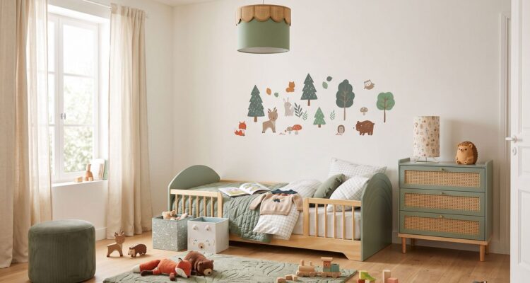 Chambre de garçon thème forêt vert sauge avec stickers forêt, lit arc-en-ciel, suspension verte et jouets au sol
