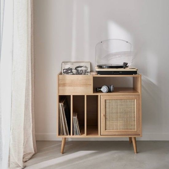 Meuble vinyle cannage bohème avec platine et disques, Conforama