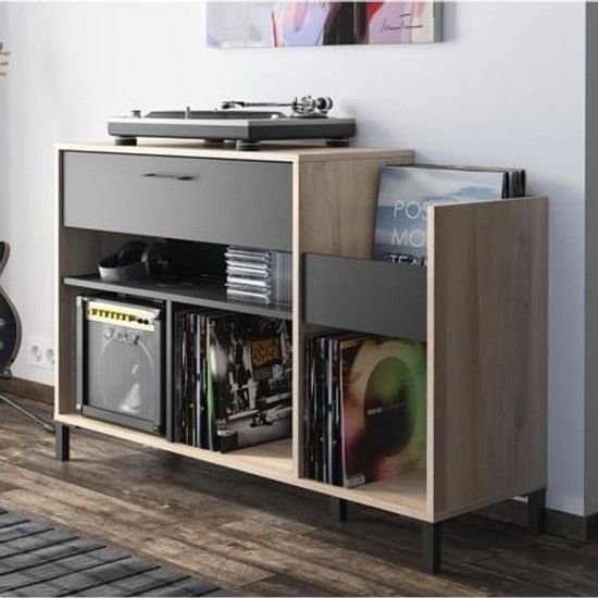 Meuble vinyle Chicago Diagone avec platine et disques, Conforama